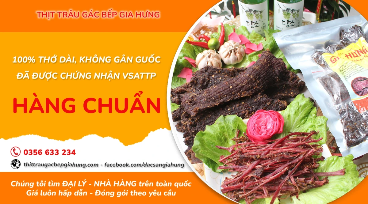 Banner Gia Hưng giới thiệu thịt trâu gác bếp và thông tin liên hệ